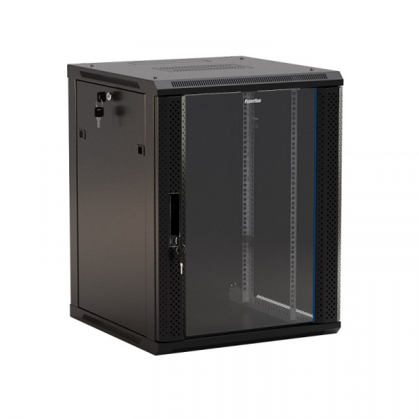 TWB-1566-GP-RAL9004 Hyperline Шкаф настенный 19-дюймовый (19"), 15U, 775x600х600мм, стеклянная дверь