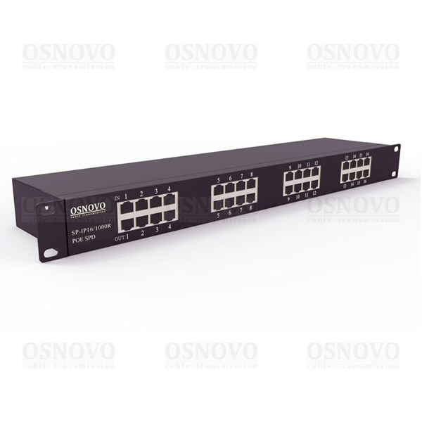 SP-IP16/1000PR OSNOVO 1U устройство грозозащиты для локальной вычислительной сети на 16 портов (скорость до 1000 Мб/с) с защитой линий PoE (af/at, мет
