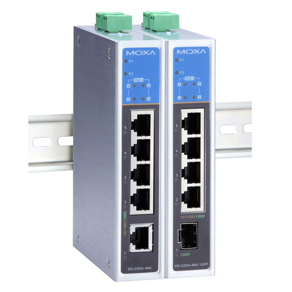 MOXA  EDS-G205A-4PoE-1GSFP  Коммутатор  Unmanaged Ethernet switch with 1 10/100/1000BaseT port and 4 PoE/PoE+ ports