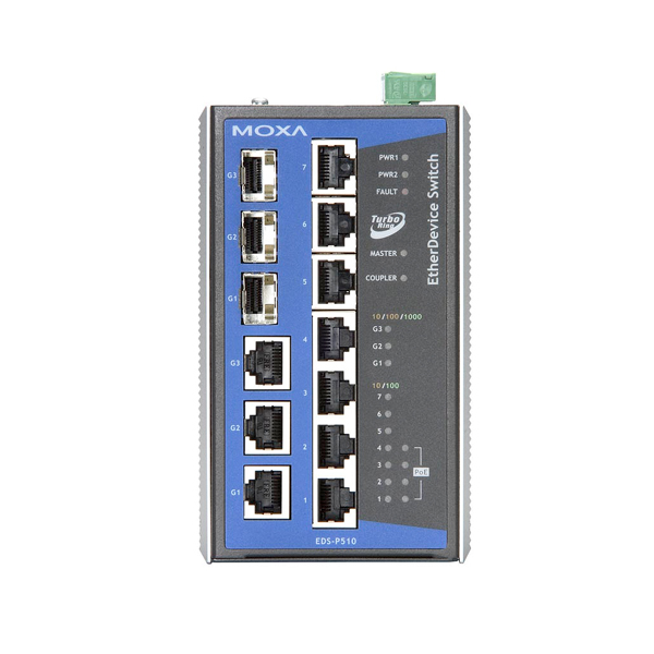 MOXA  EDS-P510  Коммутатор  Ethernet Switch 3*10/100BaseT(X) ports, 4*PoE ports, 3*10/100/1000 Combo ports