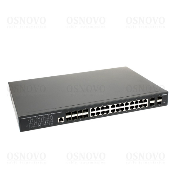 SW-32G4X-3L OSNOVO Управляемый L3 PoE коммутатор Gigabit Ethernet на 16xGE RJ-45 c PoE + 8xGE Combo (RJ-45 + SFP) + 4x10G SFP+ Uplink