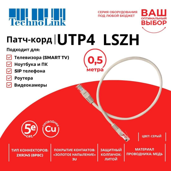 Патч-корд Technolink UTP4 cat 5е, 0,5м, ВС, LSZH, серый, литой коннектор 57099