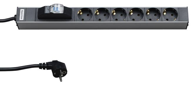 SHT19-6SH-B-2.5EU Hyperline Блок розеток для 19" шкафов, горизонтальный, 6 розеток Schuko, автоматический выключатель, кабель питания 2.5м (3х1.5мм2)
