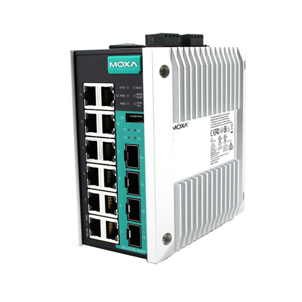 MOXA  EDS-G516E-4GSFP Managed full Gigabit Ethernet switch with 12 10/100/1000BaseT(X) ports, and 4 100/1000Base SFP slots