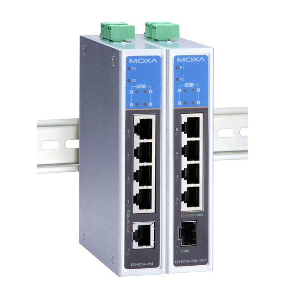MOXA  EDS-G205A-4PoE  Коммутатор  Unmanaged gigabit PoE switch with 4 PoE 10/100/1000BaseT(X) ports, 1 1000BaseT port