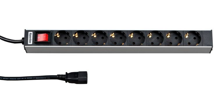 SHT19-8SH-S-2.5IEC Hyperline Блок розеток для 19" шкафов, горизонтальный, 8 розеток Schuko, выключатель с подсветкой,  кабель питания 2.5м (3х1.0мм2)