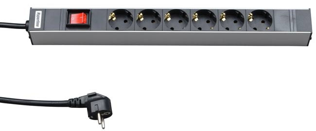 SHT19-6SH-S-2.5EU Hyperline Блок розеток для 19" шкафов, горизонтальный, 6 розеток Schuko, выключатель с подсветкой, кабель питания 2.5м (3х1.5мм2) с