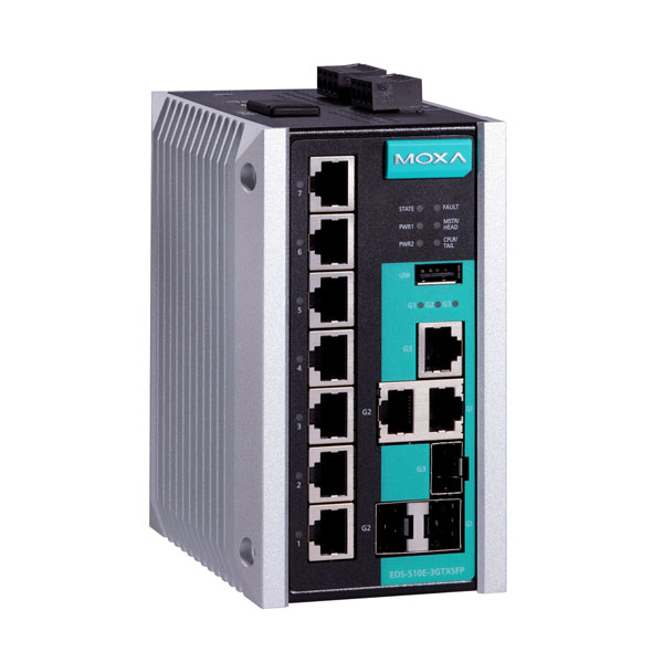 MOXA  EDS-510E-3GTXSFP Managed Gigabit Ethernet switch with 7 10/100BaseT(X) ports, and 3 10/100/1000BaseT(X) or 100/1000BaseSFP