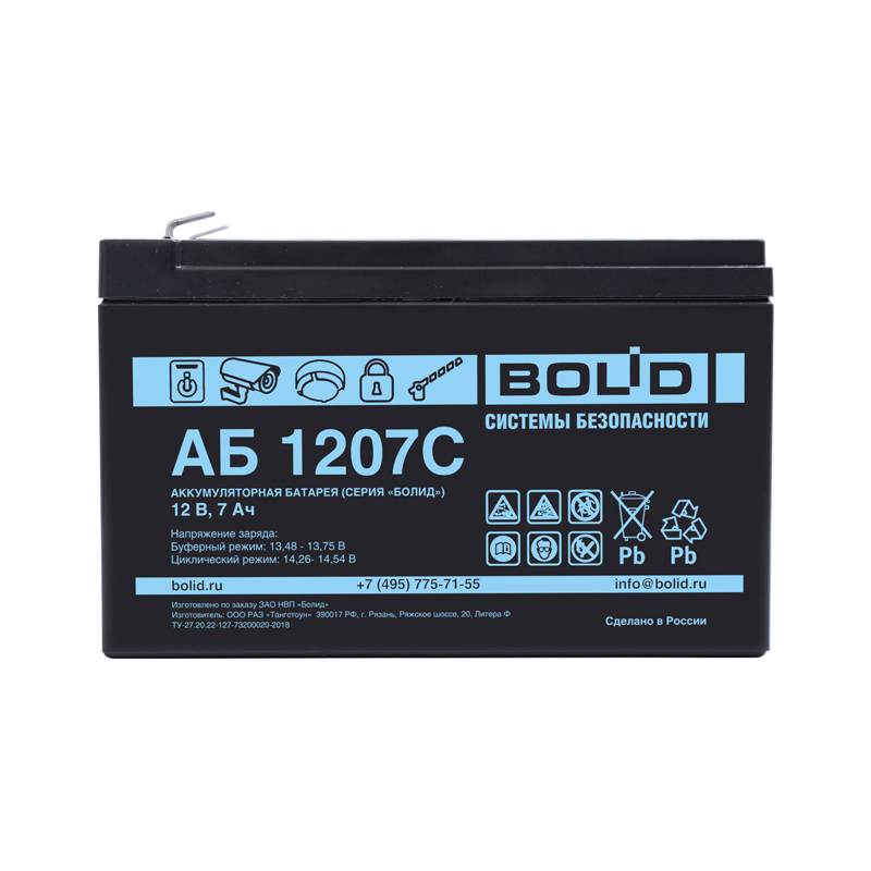 АБ 1207С Напряжение 12В, емкость 7 Ач,  Срок службы 12 лет (Тип С), габариты 151х65х100мм, вес - 2.2